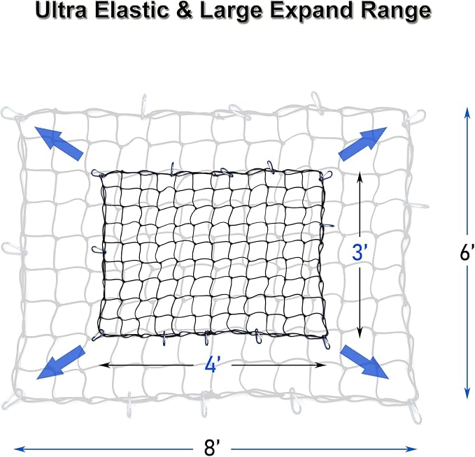 Amiss 3' x4' Stretches to 6' x 8' Truck Cargo Net, Roof Rack Cargo Net for Pickup Trucks SUV, Heavy Duty Truck Bed Cargo Bungee Net with 12 Blue Clips and Storage Bag， Car Exterior Accessories