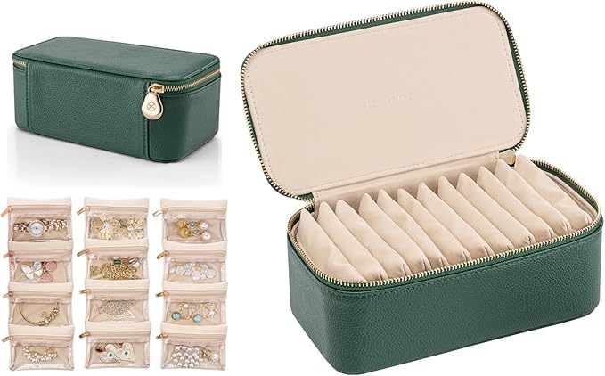 VLANDO Travel Jewelry Box Organizer – Portable PU Leather Jewelry Case with 6/8/12 Zippered Pouches, Compact Storage for Earr
