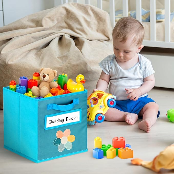 Cube Storage Bins, 6 Pack 11 Inch Fabric Storage Bins with Handle and Label Window, Foldable Storage Cubes, Colorful Fabric B