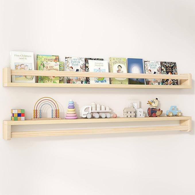 Fun Memories Nursery Book Shelves Set of 2, 48 Inch Solid Wood Wall Book Shelves, Kids Room Floating Shelves Organizer & Toy 