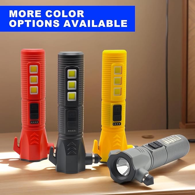 Emergency Car Flashlight - 2000 Lumen Dual Light 4-Level Battery Indicator Window Breaker & Seatbelt Cutter USB Rechargeable 