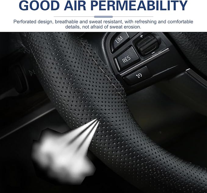 WZP Genuine Leather Steering Wheel Cover, Custom Stitch On Steering Wheel Wrap, Breathable Non-Slip Steering Wheel Protector 