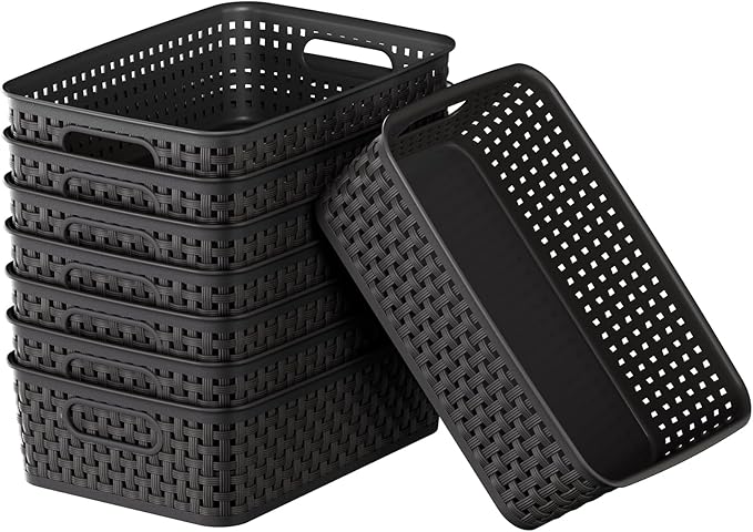 FUCDTEFC Black Plastic Basket, 8 Pack Home Organization and Storage Baskets with Handles, Space Saving Woven Organizer Bins P