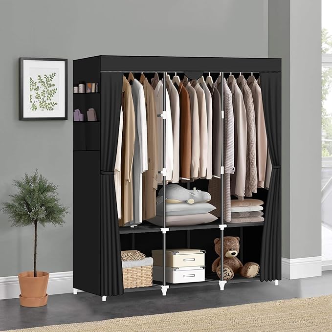 LOKEME Portable Closet, Portable Closets for Hanging Clothes with 3 Hanging Rods and 6 Storage Shelves and 4 Side Pockets, Bl