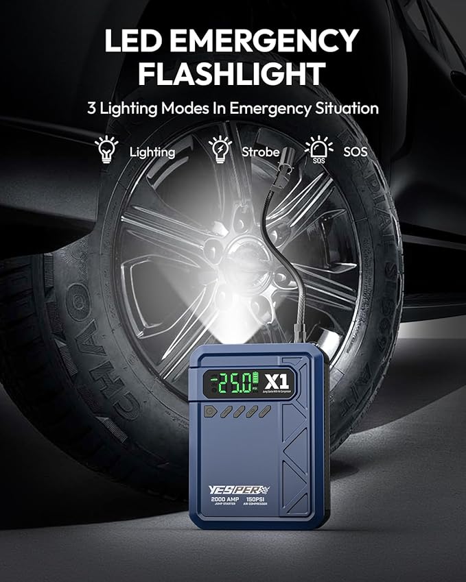 YESPER Jump Starter with Air Compressor 2000A 150PSI Battery Jumper Starter Portable(8L Gas/6L Diesel) 12V Car Jump Pack