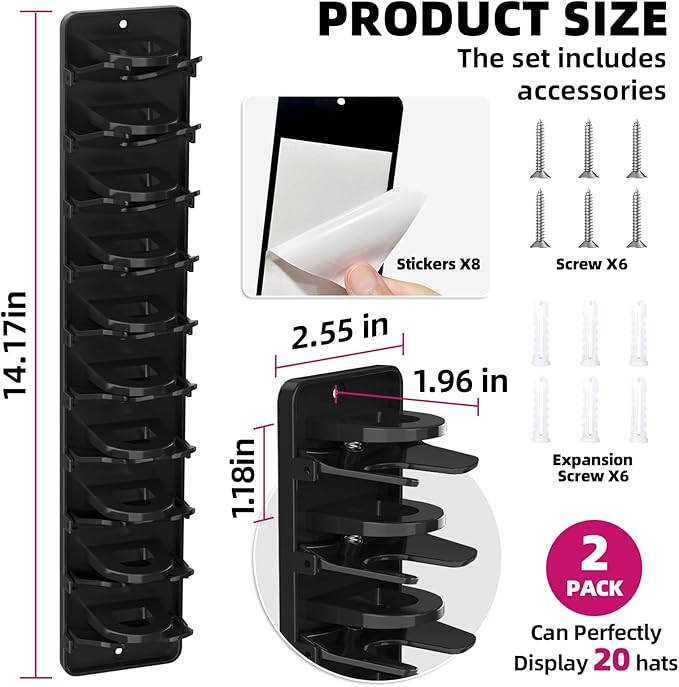 Spring Clip Hat Organizer for Baseball Caps – 2 Pack, Wall Hat Rack for Door & Closet – Keeps 20 Hats Tidy in Entryway, Dorm,