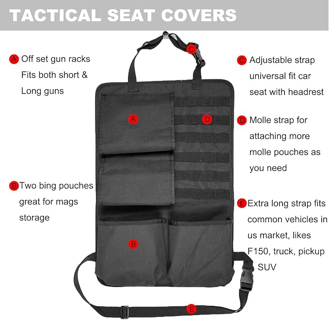 Tactical Car Seat Back Organizer with Molle Panel Vehicle Gun Holder- Seat Back Storage Cover with Gun Rack for Rifle Hunting Universal Fit SUV Truck MPV Pickup (2 Packs)