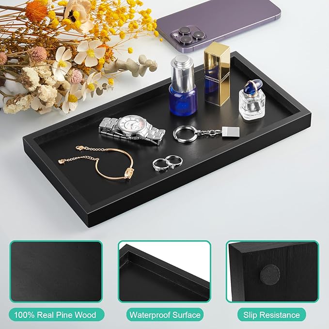 ALELION 11.7" Bathroom Vanity Tray for Counter - Black Wood Decorative Tray for Toilet Tank Makeup Perfume Jewelry Catchall C