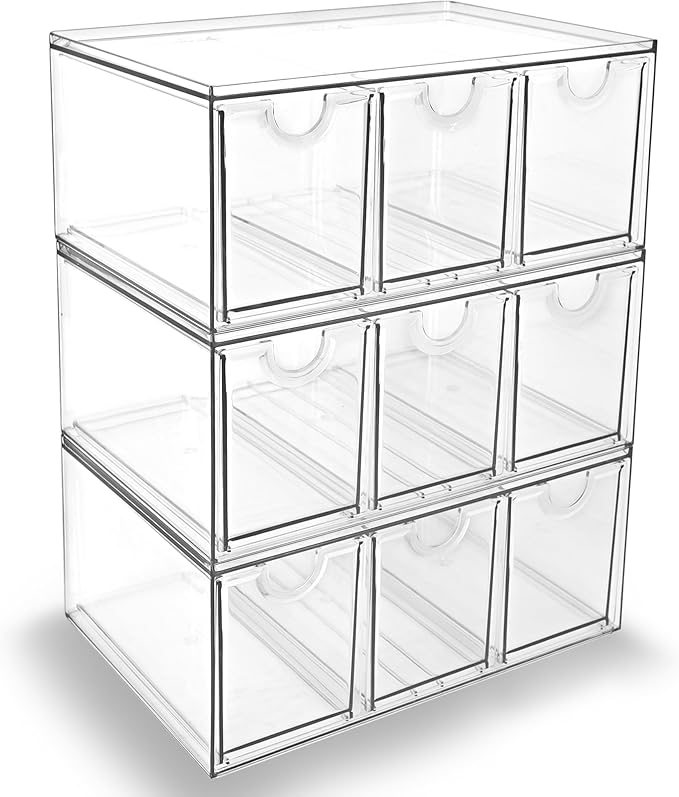 Prsildan Acrylic Makeup Organizer, 3 Pack Stackable Storage Drawers with 9 Drawers for Office Desk Vanity Craft Room Clear Dr