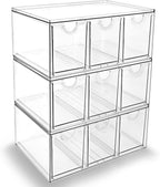 Prsildan Acrylic Makeup Organizer, 3 Pack Stackable Storage Drawers with 9 Drawers for Office Desk Vanity Craft Room Clear Dr