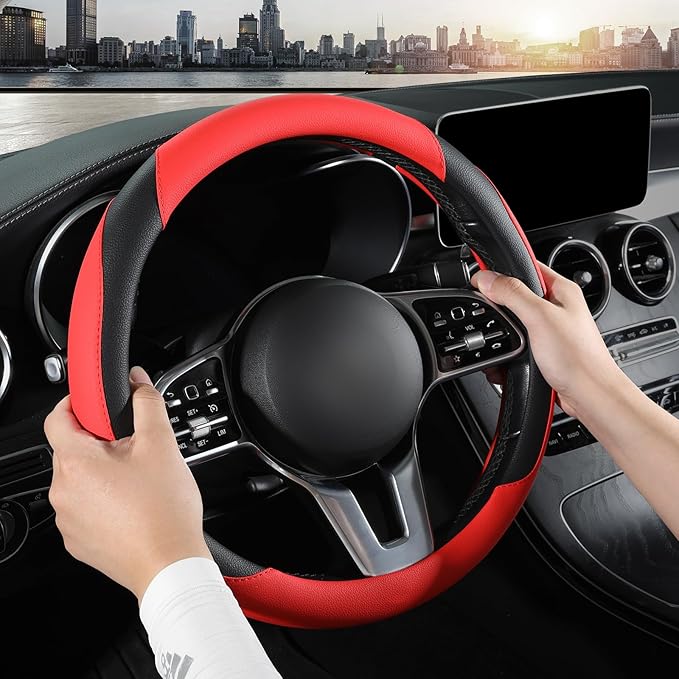 Car Steering Wheel Cover, Leather Steering Wheel Cover,Universal 15 inch Anti-Slip Comfortable Steering Wheel Covers Men Wome