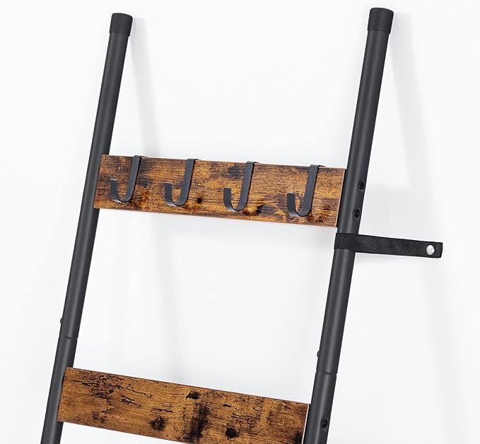 HOOBRO Blanket Ladder, 5-Tier Towel Rack with Hooks, Wall-Leaning Blanket Rack, Decorative Display Ladder Shelf, for Scarves,