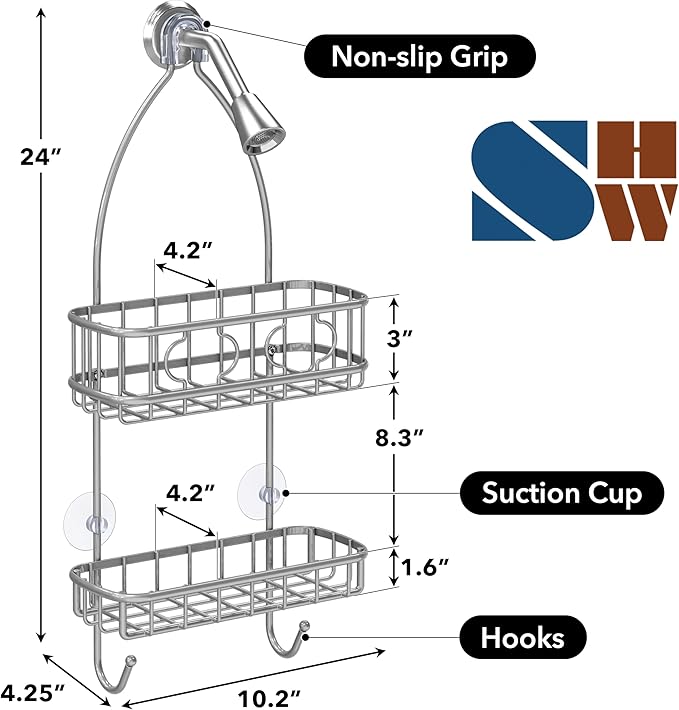 Simple Houseware Bathroom Hanging Shower Head Caddy Organizer, Silver (24 x 10.2 x 4.25 inches)