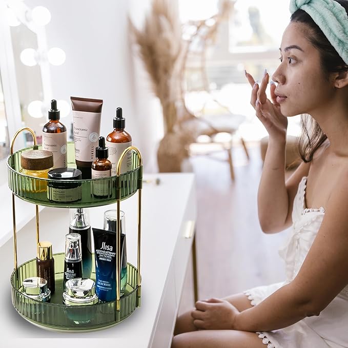 Rotating Makeup Organizer Countertop 2 Tier Lazy Susan Trays Clear Skincare Perfume Storage for Bathroom Counter Vanity, Gree