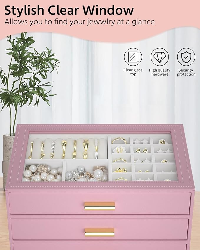 AKOZLIN Jewelry Box with Clear Lid Functional Leather Jewelry Storage Organizer Case 3 Drawers for Women Girls Necklace Ring 