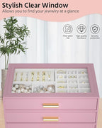 AKOZLIN Jewelry Box with Clear Lid Functional Leather Jewelry Storage Organizer Case 4 Drawers for Women Girls Necklace Ring 