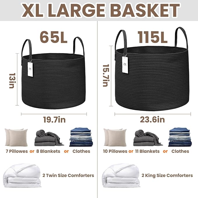 JMvicyroam 65L Extra Large Blanket Basket for Living Room - Woven Cotton Rope Laundry Hamper with Reinforced Handles - Storag