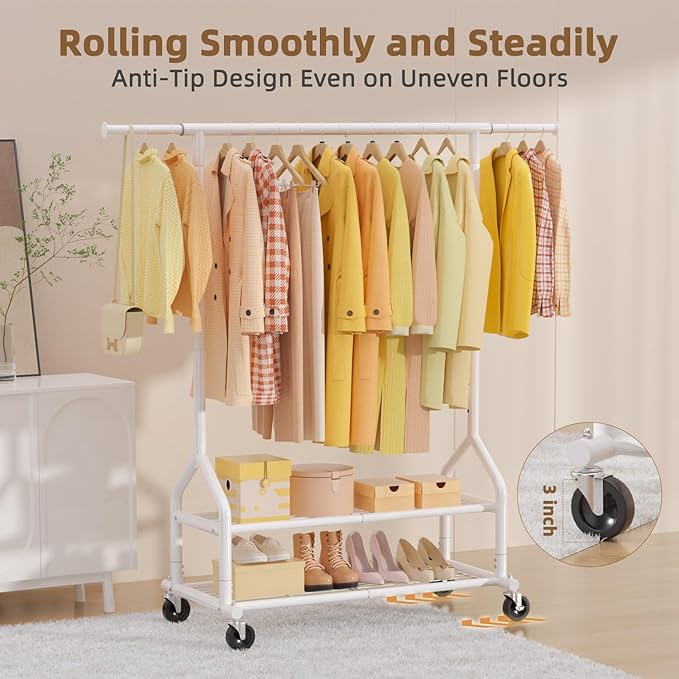EAGMAK Heavy Duty Clothes Rack Load 556 LBS, Rolling Clothing Rack With Shelves, Height Adjustable Metal Clothes Hanger with 