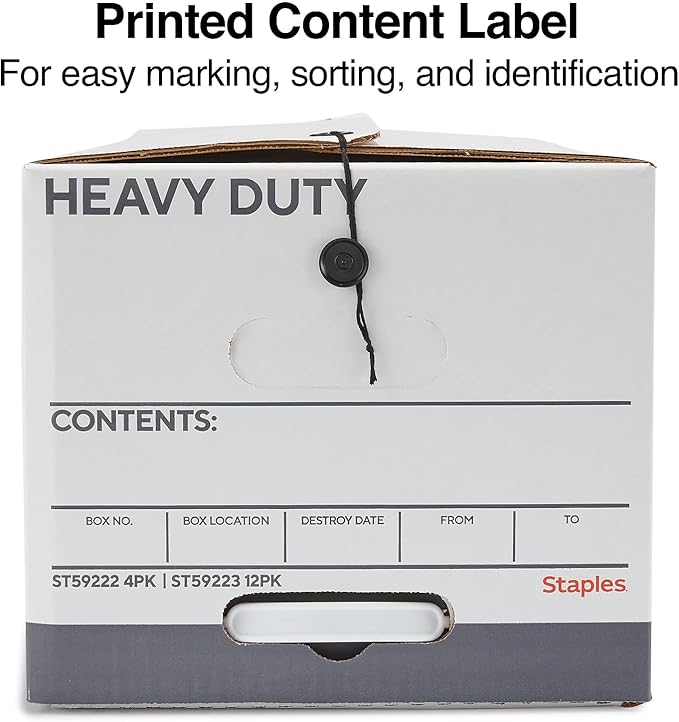 STAPLES Storage & Filing Box, Heavy-Duty with Handles & String-Button Lid, Letter Size Documents, Stackable, 4-Pack, White/Gr