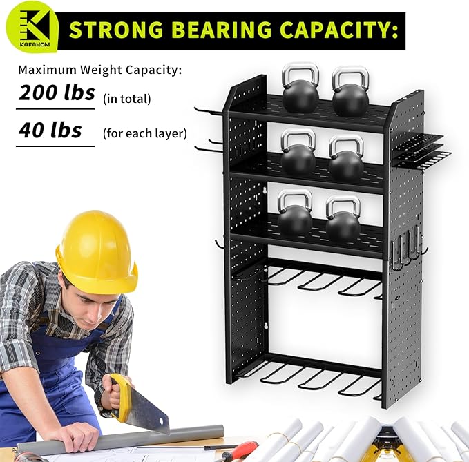 KAFAHOM Power Tool Organizer,Large 8 Drill Holder Wall Mount with 2 Side Pegboards,5 Layer Metal Tool Storage Rack with 12 Ho