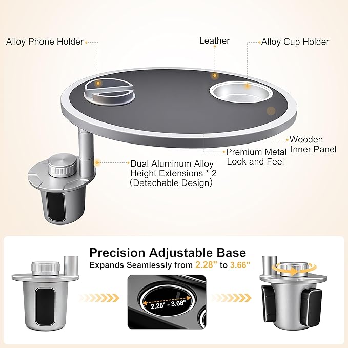 Car Food Tray & Car Table Tray with Car-Grade Aluminum Cup Holder & Phone Stand, Premium Wood with Leather Surface, 360° Rotating Car Desk for Laptop &Eating (Round, Black)