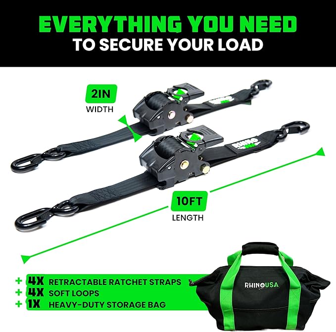 Rhino USA Retractable Ratchet Straps (4-Pack) - 2 Inch x 10 Feet (3,033lb Break Strength) - Heavy Duty Auto Self Retracting Tie Down Straps for Truck, Cargo Trailer, Motorcycle, Rad & More - Black