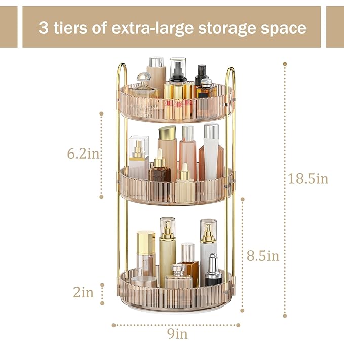 MOKANI 360 Rotating Makeup Organizer for Vanity, 3 Tier Adjustable Perfume Organizer for Dresser, Multi-Function Spinning Cos