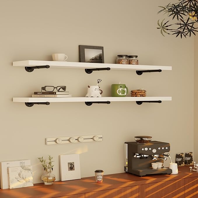 Industrial Pipe Wall Wood Shelves,Real Wooden Shelves 60" in White Color with 11.8" Extra Width, Modern Floating Shevles Book