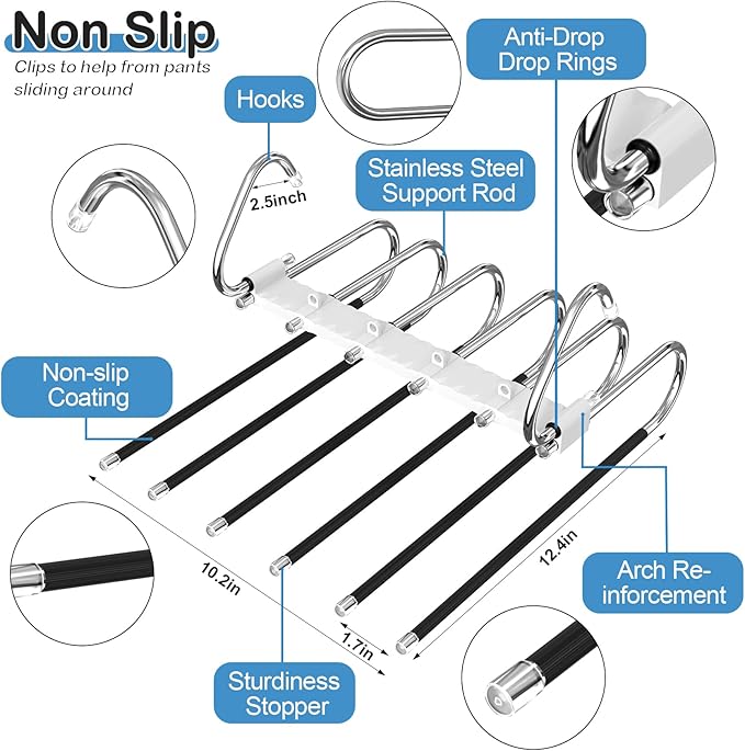 Upgrade 6 Layers Pants Hangers Space Saving, 2 Pack Non Slip Stainless Steel Multifunctional Pants Rack S-Type Pant Closet Ha