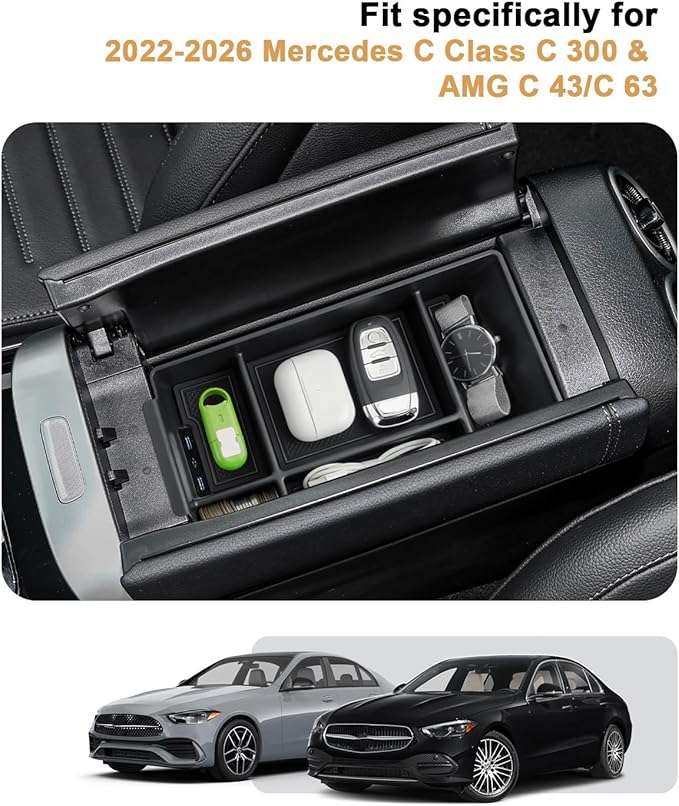 ECOZEN Center Console Organizer For 2022-2026 Mercedes C Class C 300/AMG C 43/C 63 - Armrest Box Storage Tray Compatible with 2022-2026 Mercedes C 300/ AMG C 43 C63 Accessories Armrest Organizer ABS