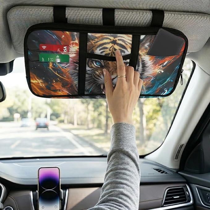 Tiger Visor Organizer for Car Pouch Case Bag Multi-Function Storage Pocket Can Store ID Card,Eyeglasses,Pen,Driving License etc