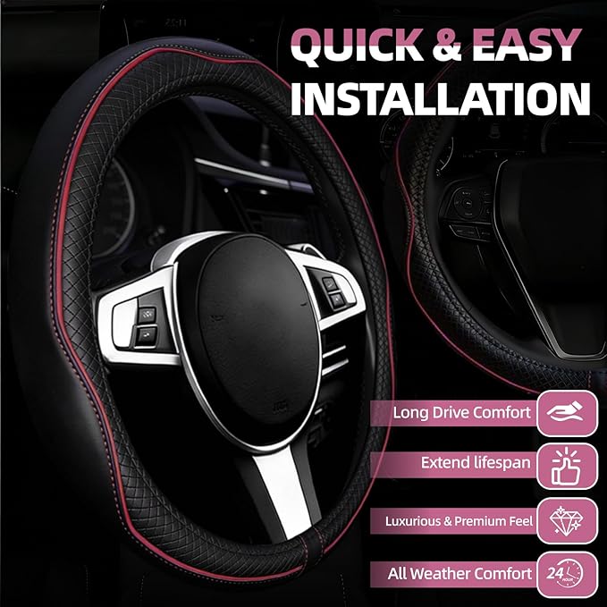 NBTEPEM Microfiber Steering Wheel Cover and Waterproof Car Floor Mats, Universal Fit Most Truck, SUV, Cars, 14.5-15inch Sporty Steering Wheel Covers with Anti-Slip Lining (Black with Pink line)