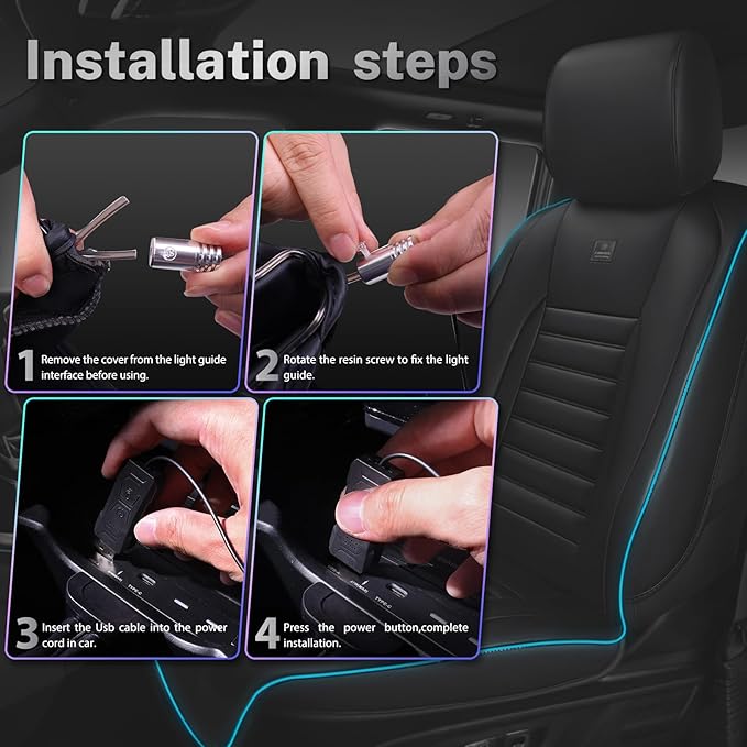 CAR PASS LED Lights Nappa Leather Car Seat Covers Front Seats, Waterproof Seat Cover for Cars Variable RGB Lights with DIY Mu