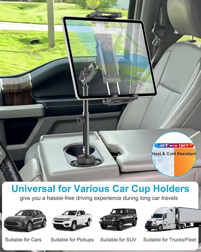 Cup Holder Car Large Tablet Mount, [Up to 15.6"] Metal Adjustable Arm CupHolder Tablet Clip, Heavy Duty Truck Cup Holder for iPad Pro 13 12.9 Air Mini, Galaxy tab, iPhone, 6.1-15.6" Devices