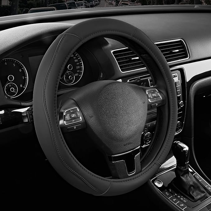 Road Comforts Leather Steering Wheel Cover with Decorative Trim and Piping, Anti-Slip Breathable Design, Fits 14.5–15 Inch Ro
