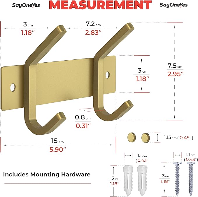 Brushed Gold Small Coat Rack Wall Mount – 6 Inch Stainless Steel Rail with 2 Double Coat Hooks for Entryway, Bathroom, Bedroo