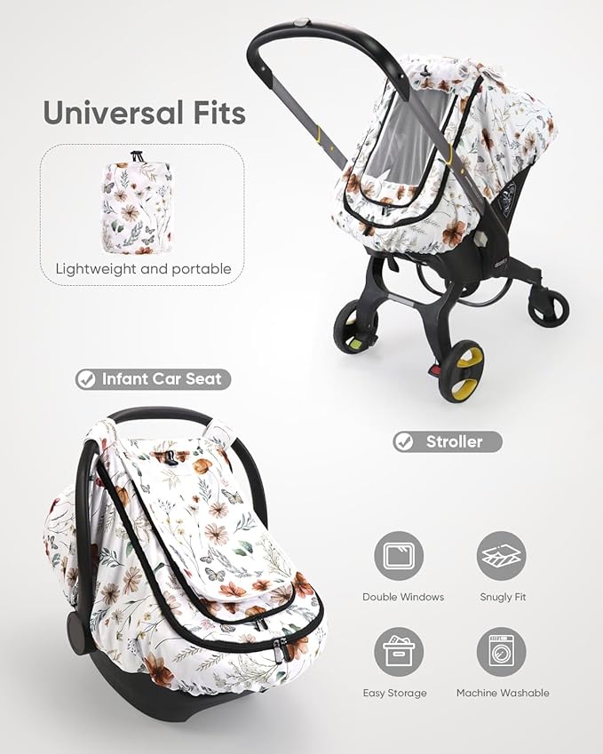 Car Seat Cover Baby Girls, Infant Car Seat Canopy Outdoor, 2 Layers with Mesh and Sun Shade Window for Summer Winter, Easy Ac