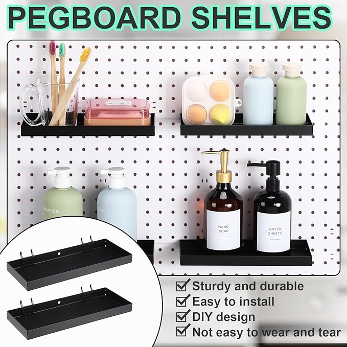 Blulu 4 Pcs Pegboard Shelves, 10 x 4 Inch Metal Heavy Duty Wall Mounted Pegboard Shelf Tray Accessories with Lip for Craft Ro