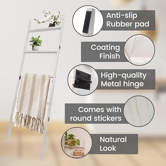 5-Tier Blanket Ladder – 4.8 Ft Wall Leaning Quilt Rack, Farmhouse Blanket Storage for Living Room, Bedroom & Bathroom – Rusti