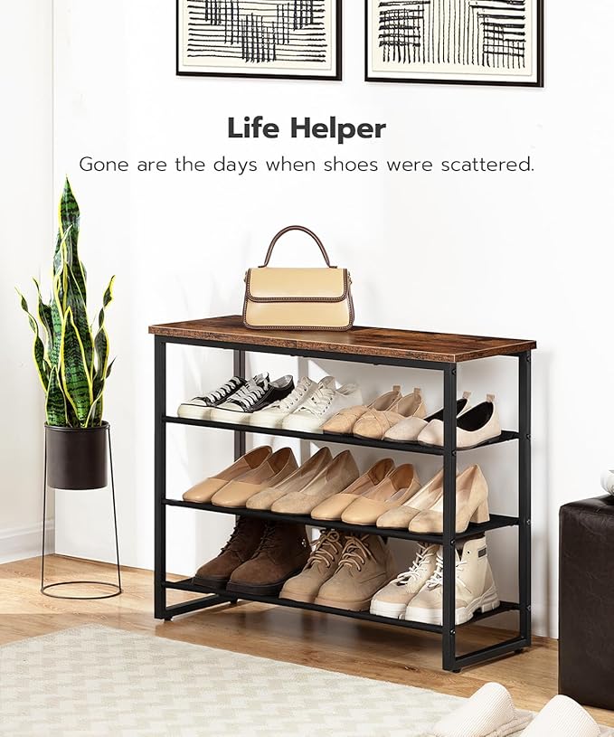 HOOBRO Shoe Rack, 4 Tier Shoe Storage Organizer with 3 Oxford Fabric Shelves and Top Panel, Holds 12-16 Pairs of Shoes for En