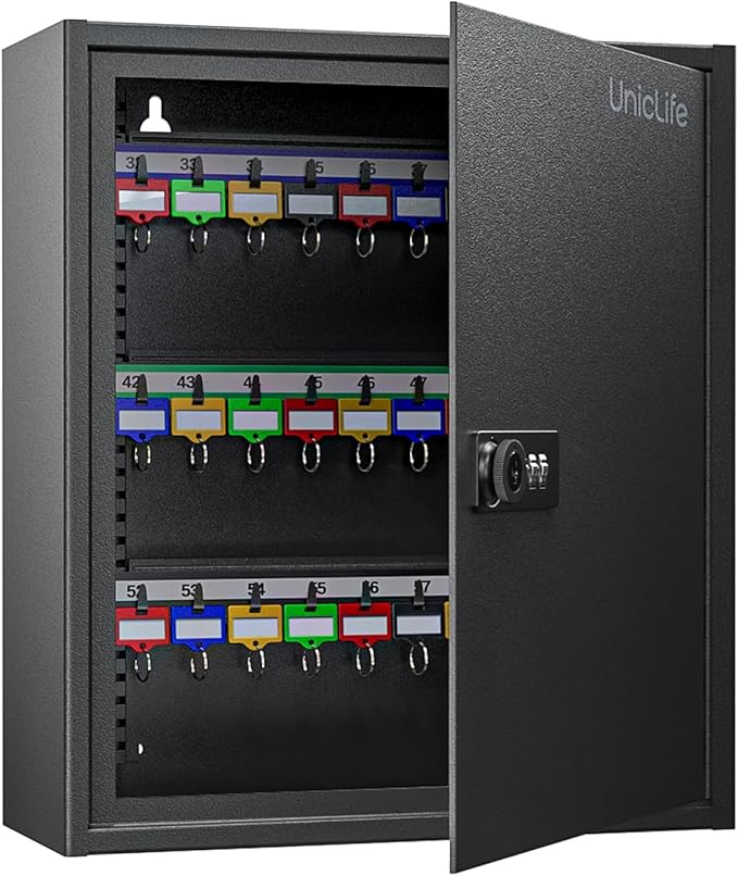 Uniclife 60 Position Key Cabinet Steel Security Storage Box with Combination & Key Lock, Resettable, Digital, Adjustable Rack