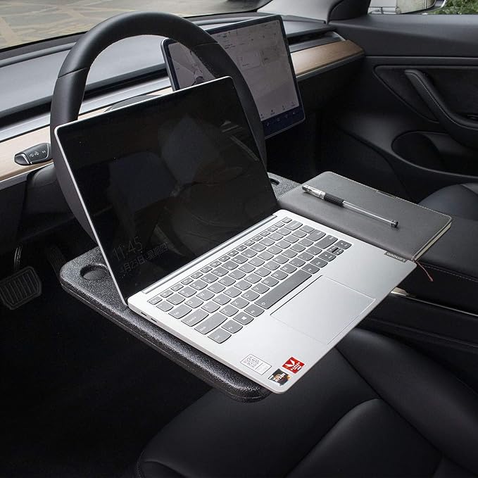 CarQiWireless Auto Steering Wheel Desk for Tesla Model 3 Model Y S X (Not for Yoke), Hollow Steering Wheel Tray for Laptop, Tablet, iPad, Or Notebook - Car Travel Table with Food Hook and Eating Tray
