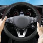 Leather Patchwork Black Steering Wheel Cover, 14.5-15 Inch Non-Slip Breathable Microfiber Car Steering Wheel Protector