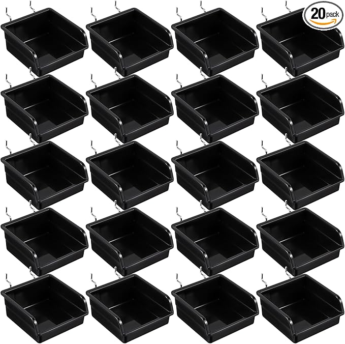 20 Pack Pegboard Bins With Metal Hooks, Black Pegboard Storage Bins, Pegboard Containers For Peg Board Organizing Accessories
