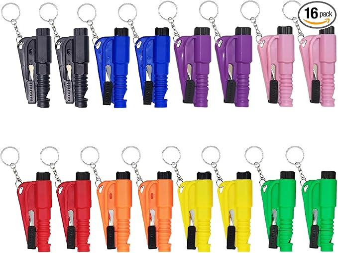16 Pcs Window Breaker Seatbelt Cutter, 3 in 1 Seatbelt Cutter and Window Glass Breaker Keychain Car Escape Tool Applicable to