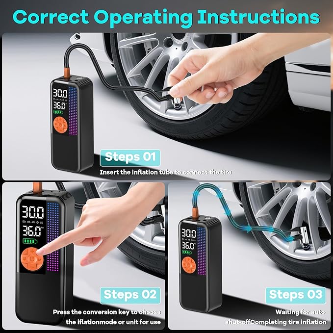 Tire Inflator Portable Air Compressor,150 PSI Cordless Air Pump, 12V DC Car Plug,Dual Power 10000mAh, Fast Inflation 24L/Min, 4 Preset Modes for Car, Bike, Motorcycle, Balls(Orange, 10000mAh)