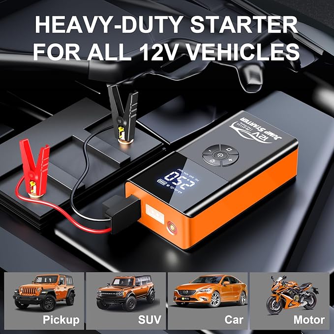 Jump Starter with Air Compressor, 8000A 180PSI, Portable Car Battery Jump Starter (All Gas/12L Diesel) 12V Automobile Jump