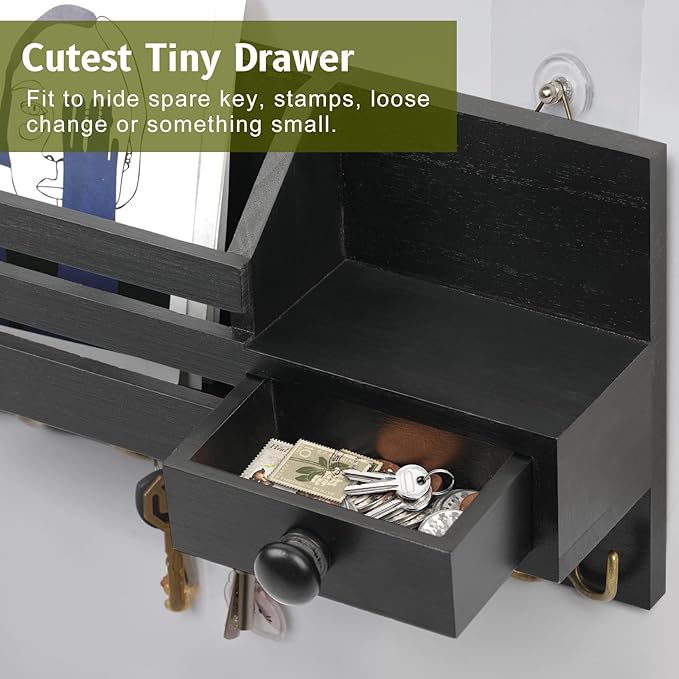 Key Holder Wall Mount, Wooden Adhesive Mail and Key Organizer with Drawer, Small Shelf, 8 Hooks, 2 Installation Methods, Blac