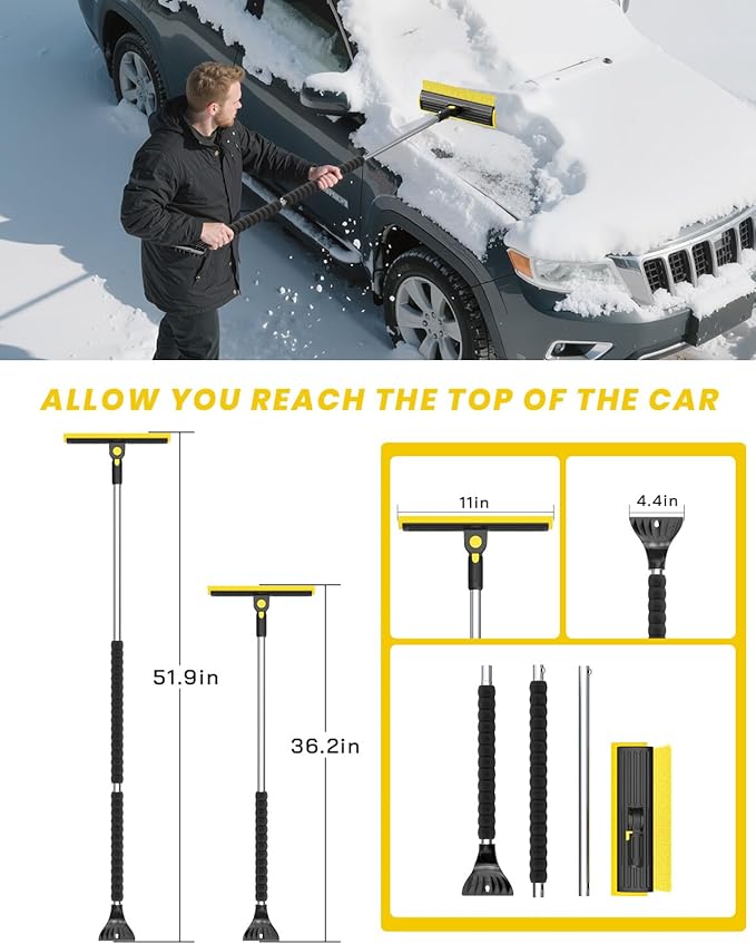 helloleiboo 2025 Extra Long 55.7" Ice Scrapers for Car Windshield Multi-Functional Detachable Car Ice Scraper with Foam Grip and 270° Pivoting Brush Head Snow Brush for SUV Truck Auto(Yellow)