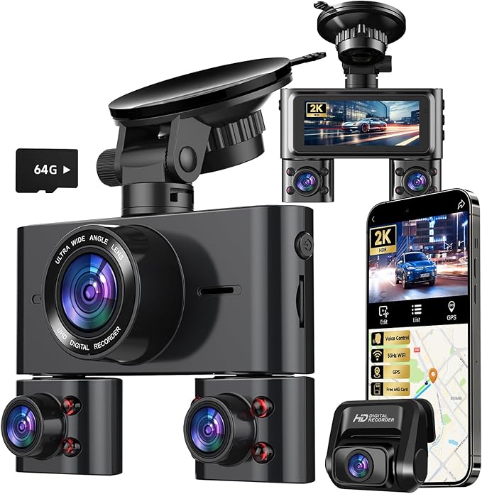 Dash Cam 360°, 4 Channel Camera for Cars Front and Rear Inside, 2K FHD Mini Dashcam, 5G WiFi, GPS, Free 64G Card, Voice Contr